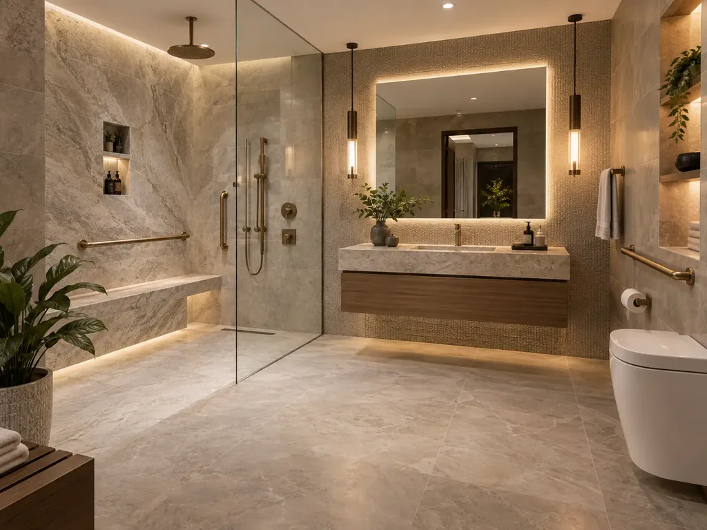 Accessible curbless shower with built-in bench and integrated grab bars