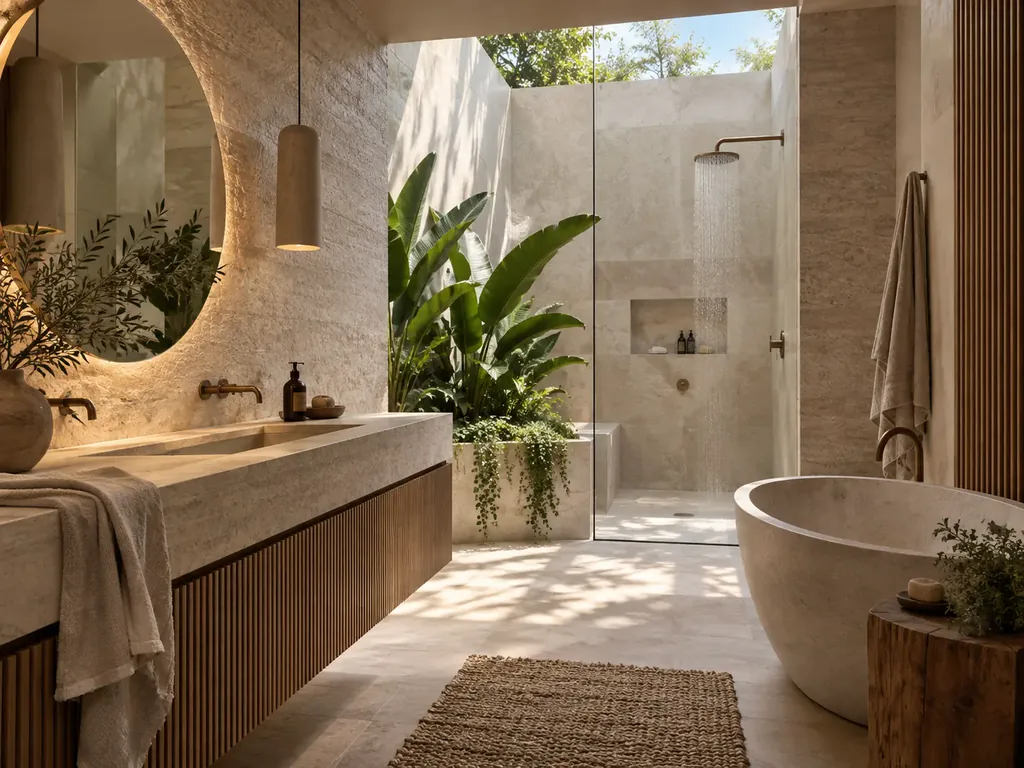Organic travertine bathroom with spacious walk-in shower and natural greenery