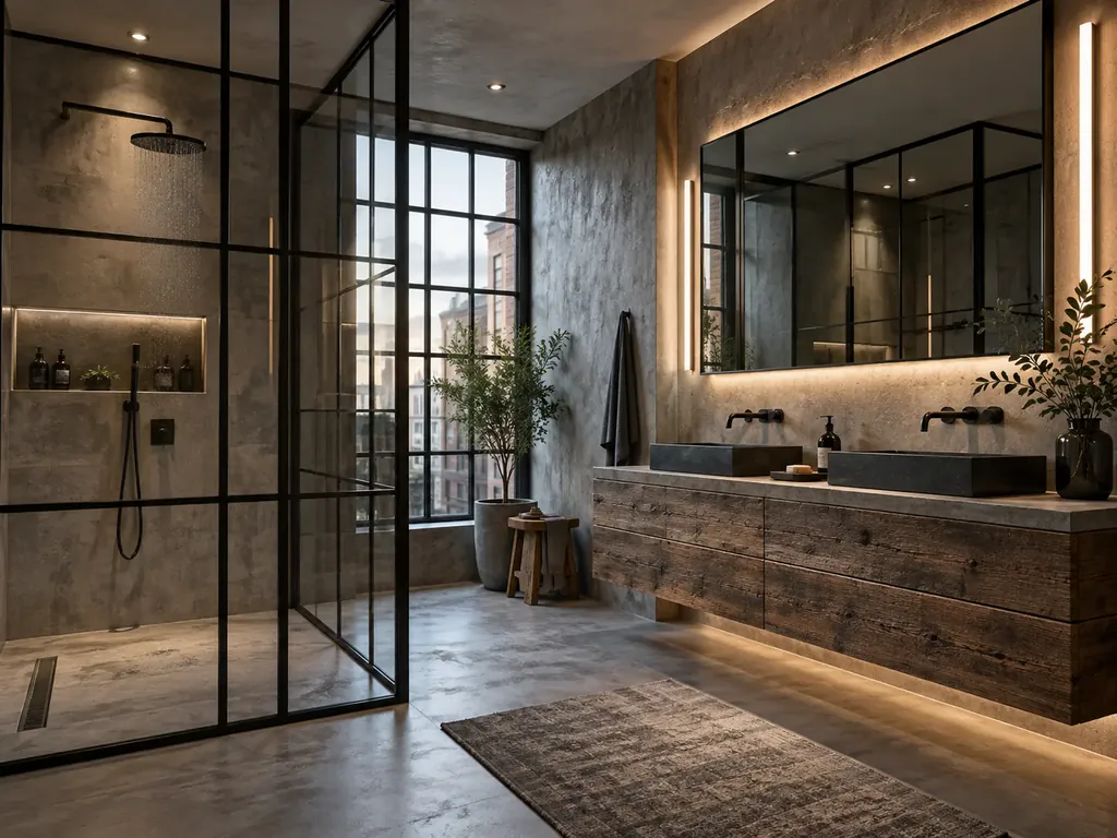 Industrial modern bathroom with black framed glass shower enclosure