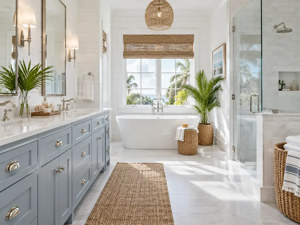 Bright coastal bathroom with blue cabinetry, quartz countertop and soaking tub