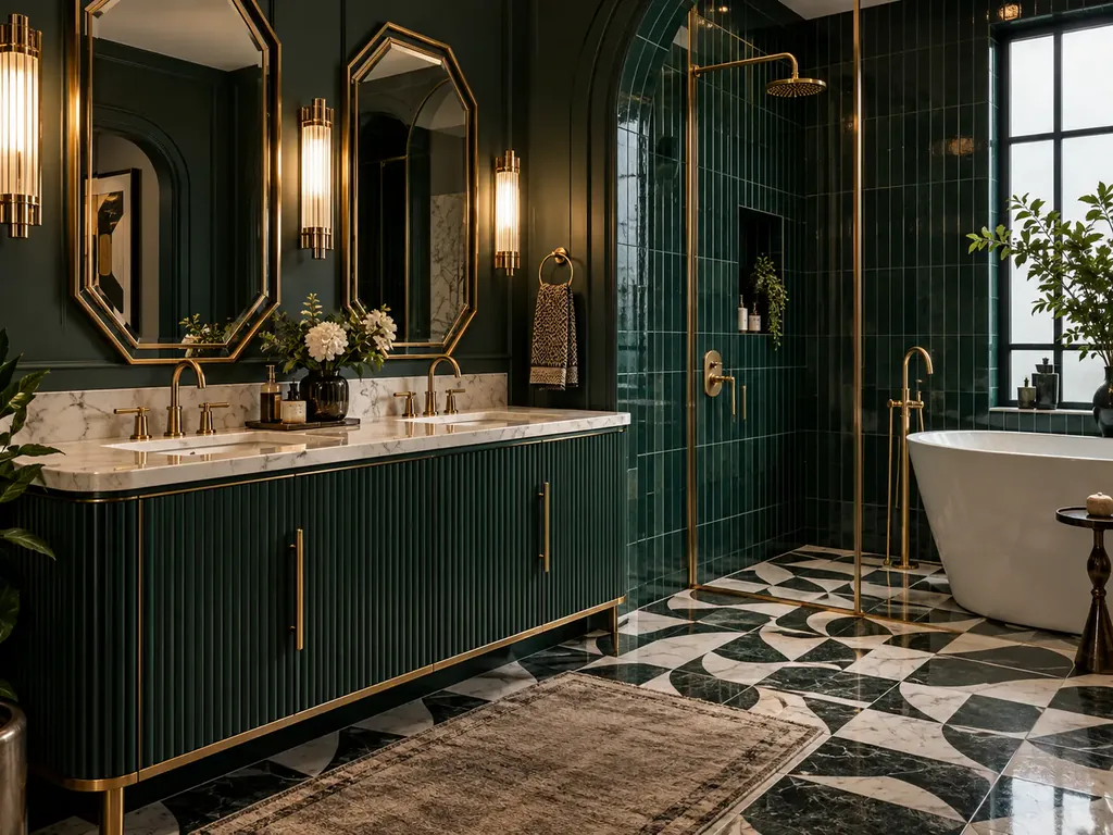 Emerald green Art Deco bathroom with brass fixtures and geometric stone floor