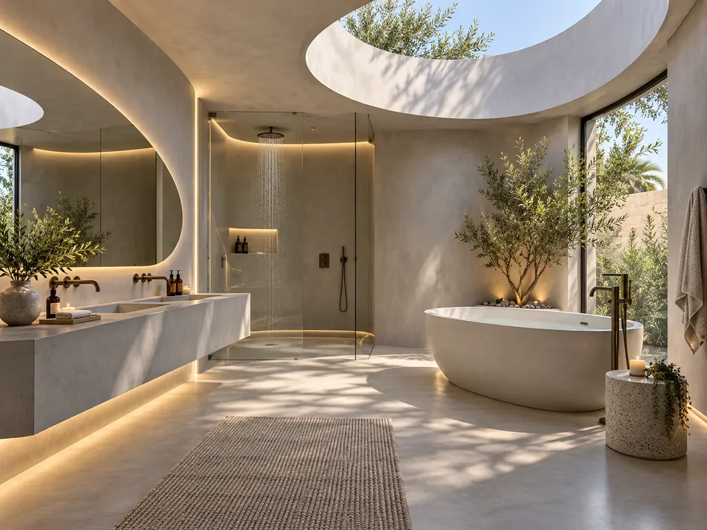Sculptural modern bathroom with curved walls, skylight and freestanding tub